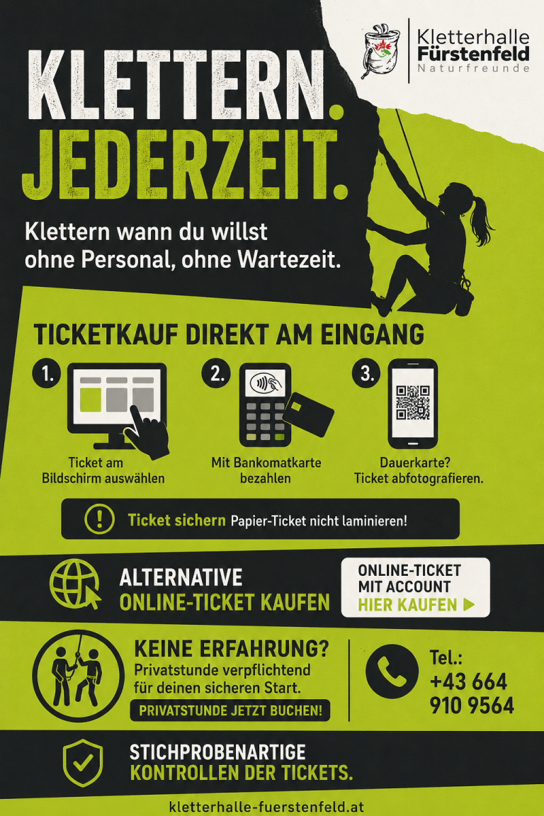 Ticket für Ticketscanner Hinweis für Kletterhalle: Ticketkauf, Öffnungszeiten und Kontaktinformationen.