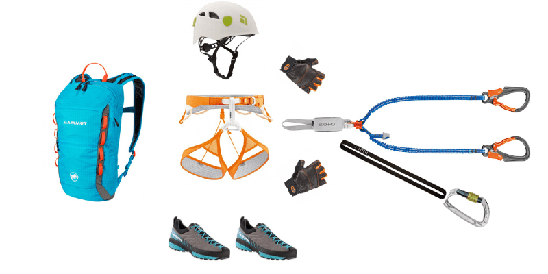 Kletterausrüstung: Helm, Gurt, Handschuhe, Karabiner, Schuhe und Seil.
