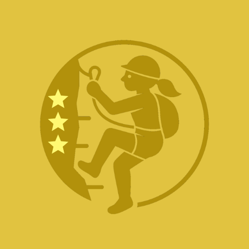 GOLD PIN Ein Kind klettert an einer Felswand mit drei Sternen im Hintergrund.