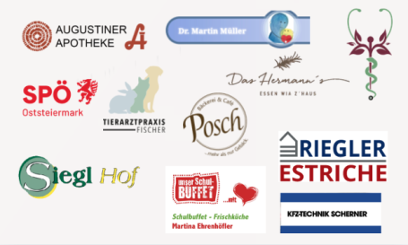 Logos verschiedener Unternehmen und Einrichtungen, darunter eine Apotheke und ein Restaurant.