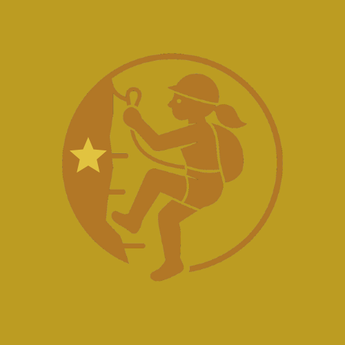 Bronze Pin Ein stilisierter Kletterer mit Rucksack erklimmt eine Wand, umgeben von einem Stern.