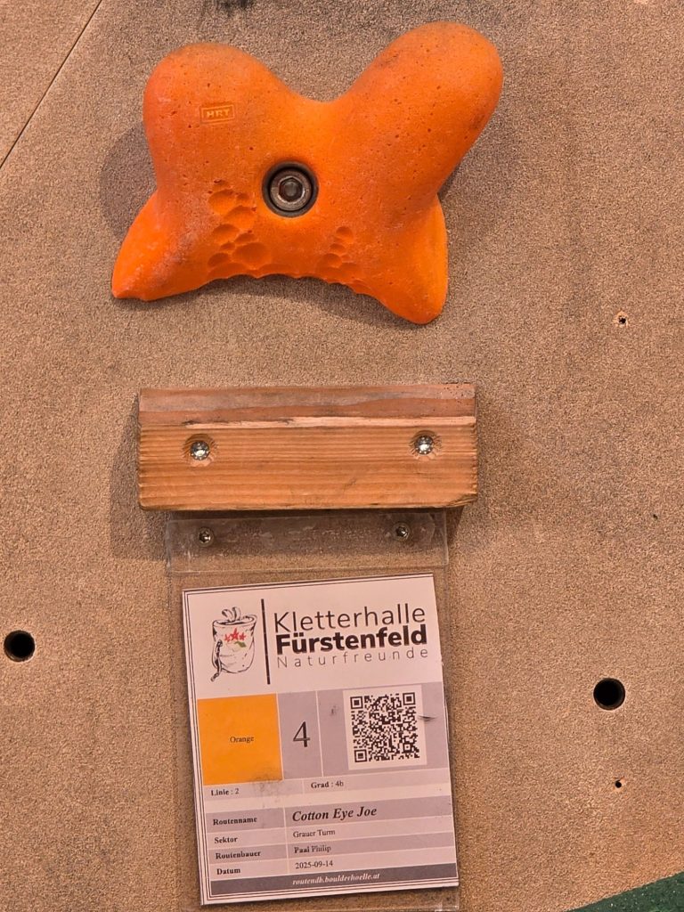Orange Klettergriff mit Holzplatte und Beschreibungskarte darunter.